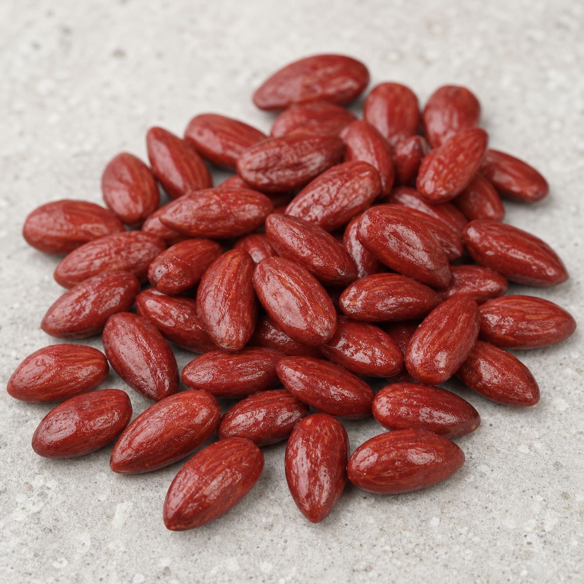 Gros plan d’Amandes Framboise à l’enrobage carmin légèrement satiné