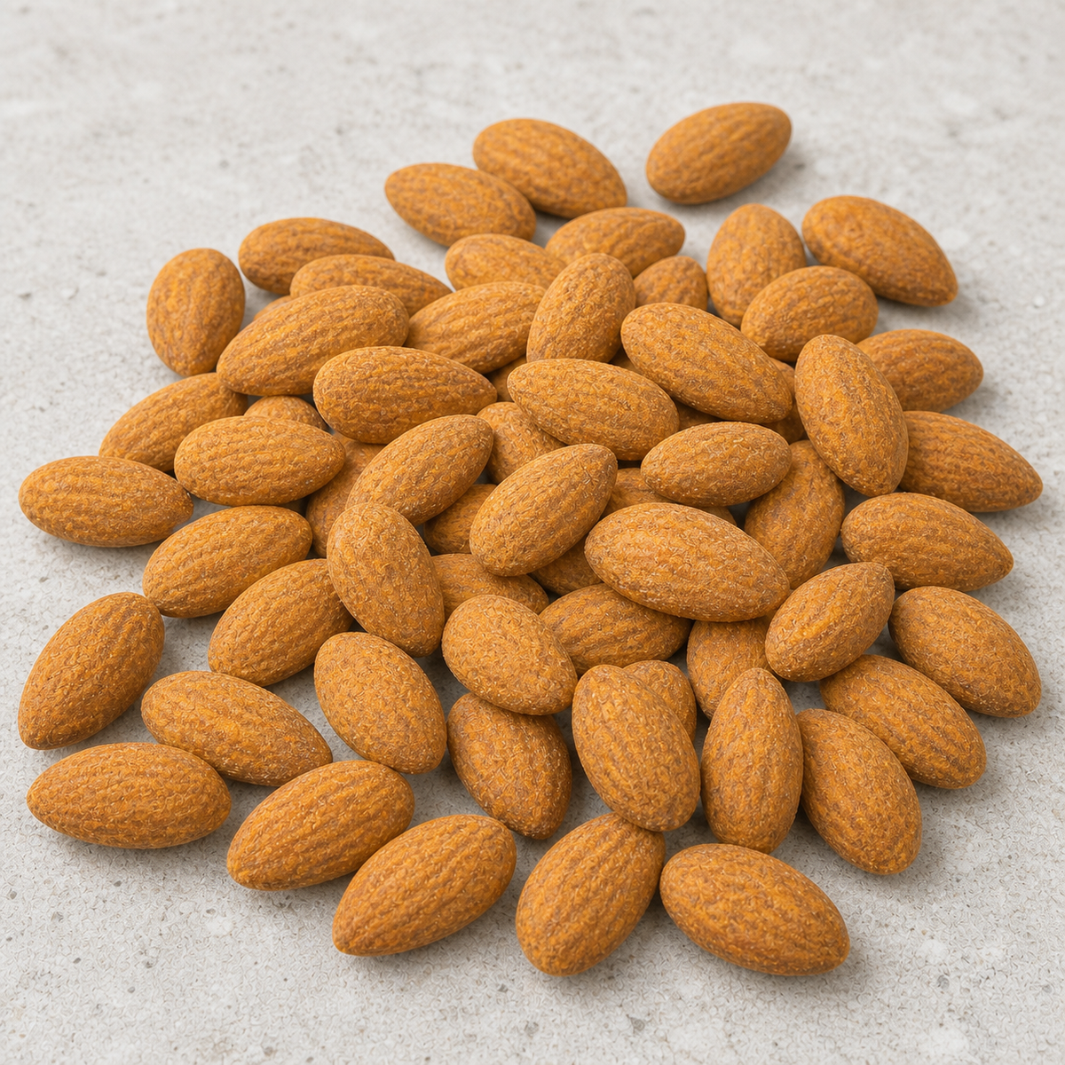 Gros plan d’Amandes Fromage Edam à l’enrobage ocre et mat