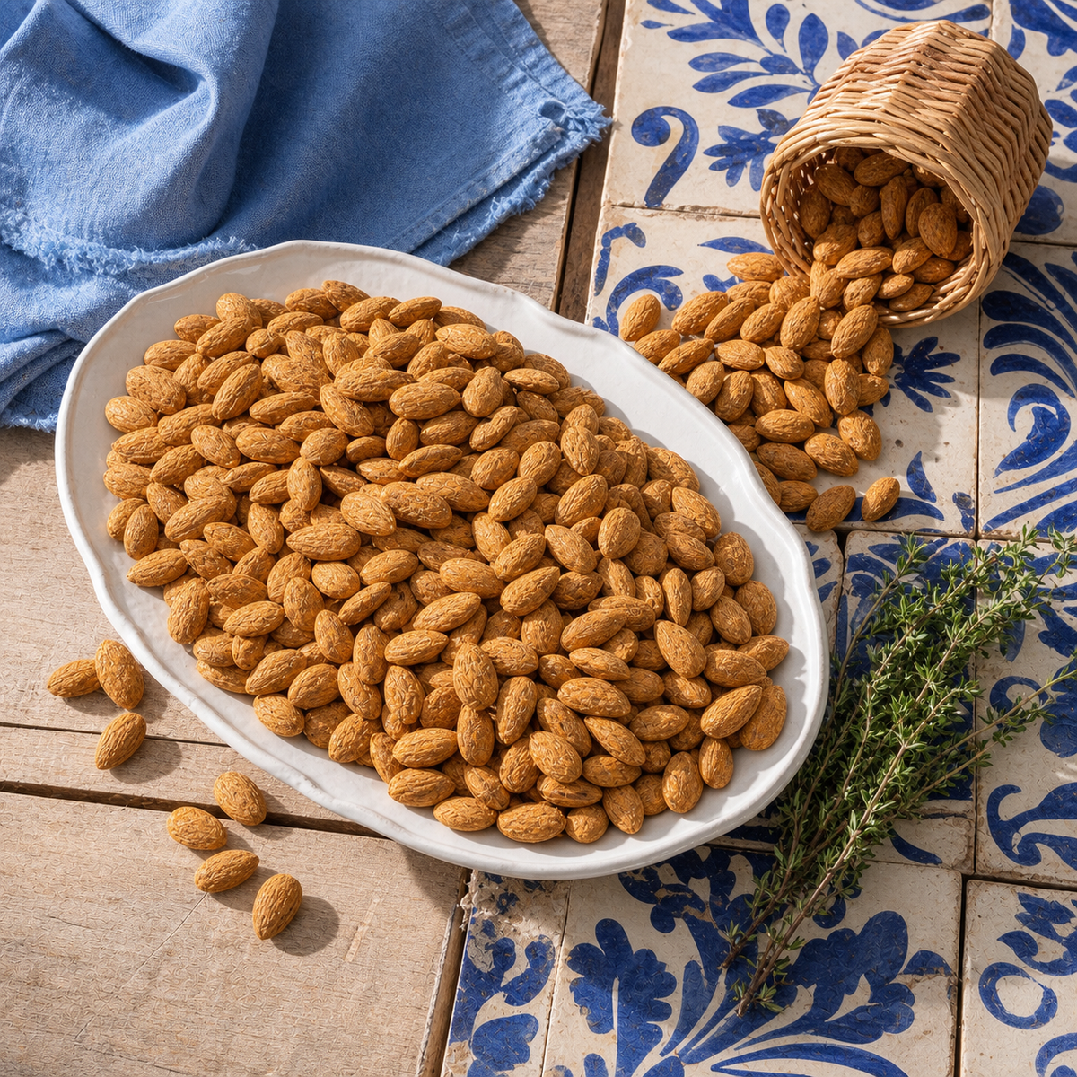 Amandes Fromage Edam servies dans un grand plat blanc sur des carreaux cobalt