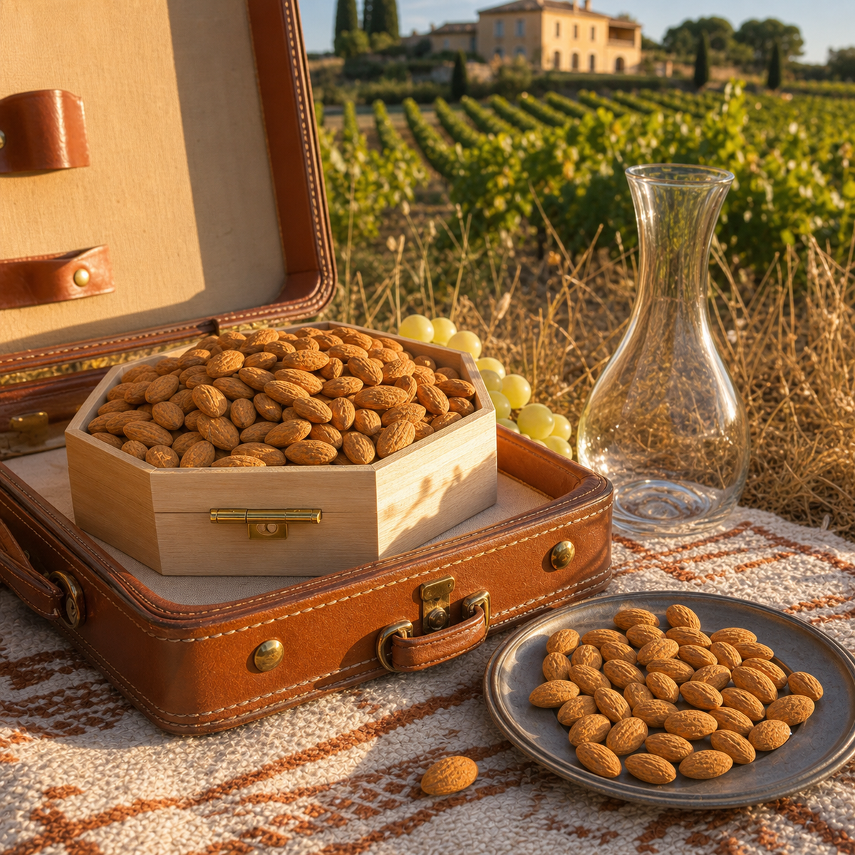 Amandes Fromage Edam présentées dans un coffret en bois et sur un plat face aux vignes