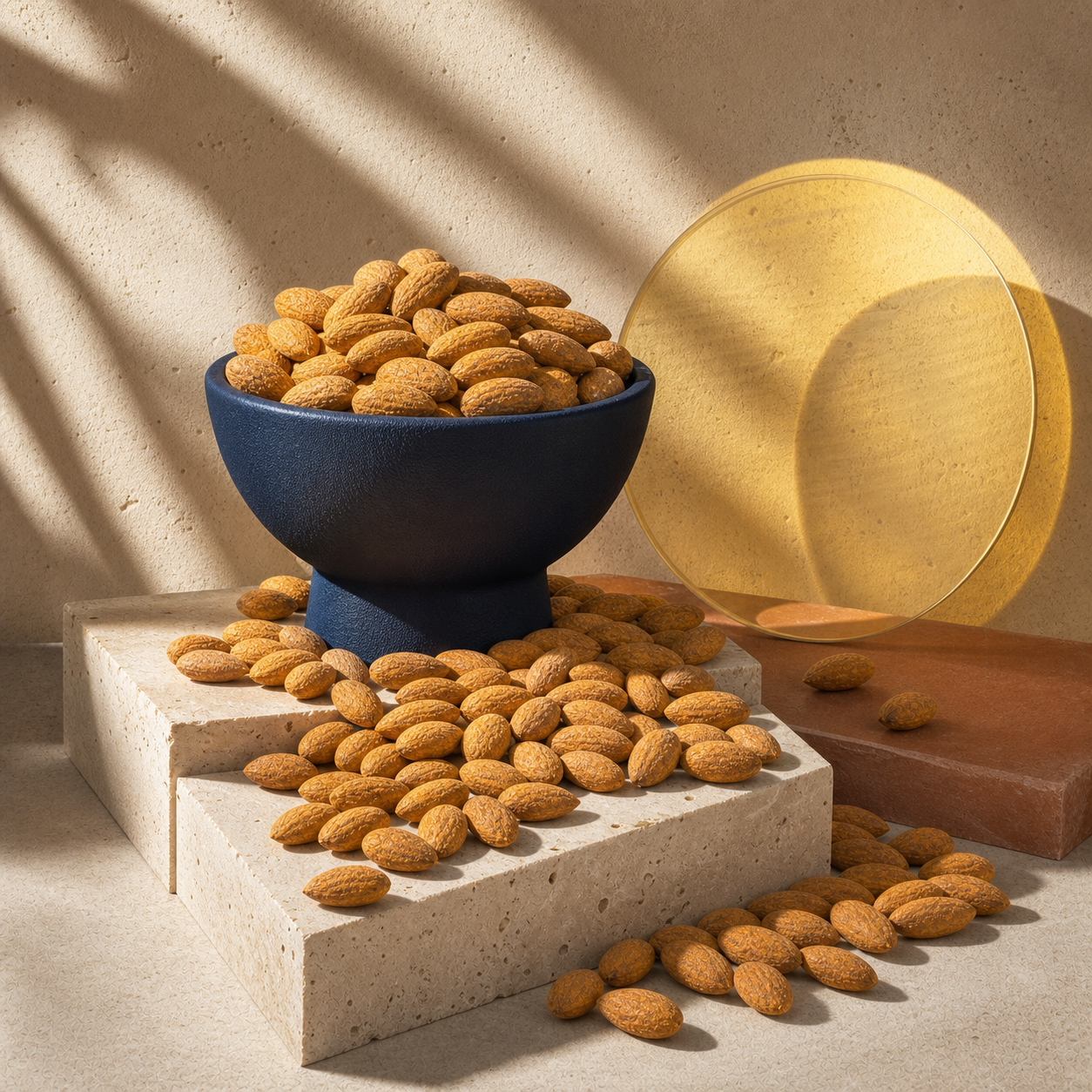 Amandes Fromage Edam débordant d’un bol bleu sur des socles minéraux graphiques