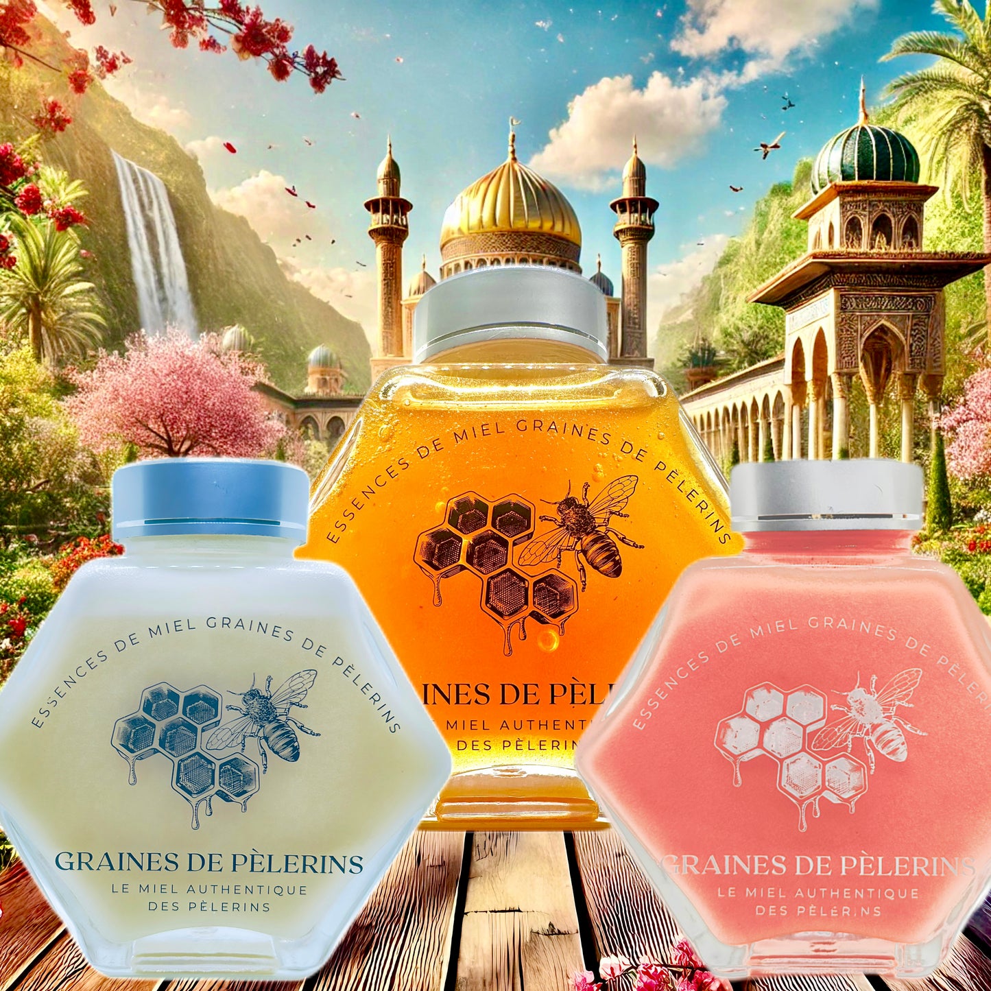 Coffret Miel Prestige contenant trois miels rares : Jujubier du Yémen, Blanc du Kirghizistan et Rose de Russie