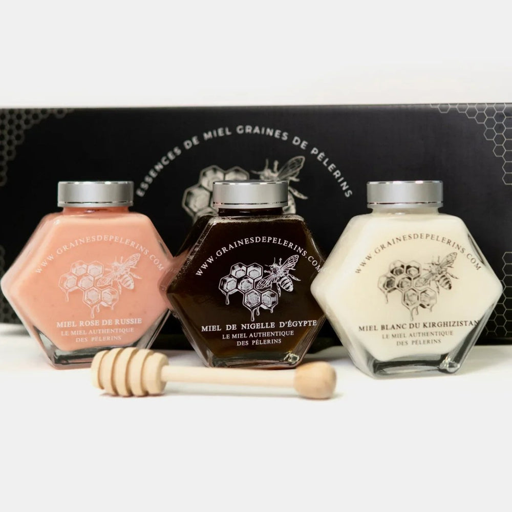 COFFRET DÉCOUVERTE Miels Blanc, Nigelle & Rose 3×250g