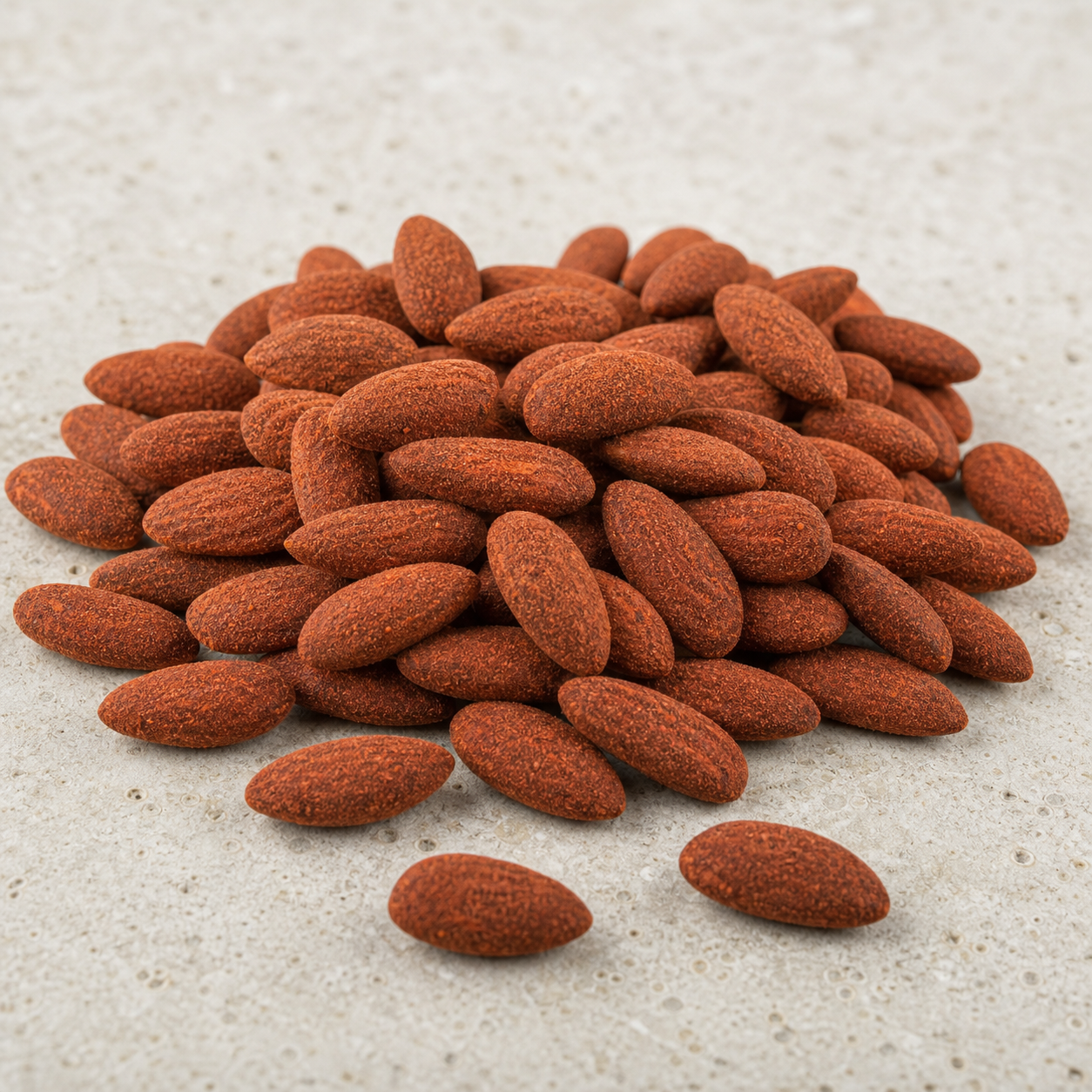 Gros plan d’Amandes Piment au poudrage rouge brique fin et mat