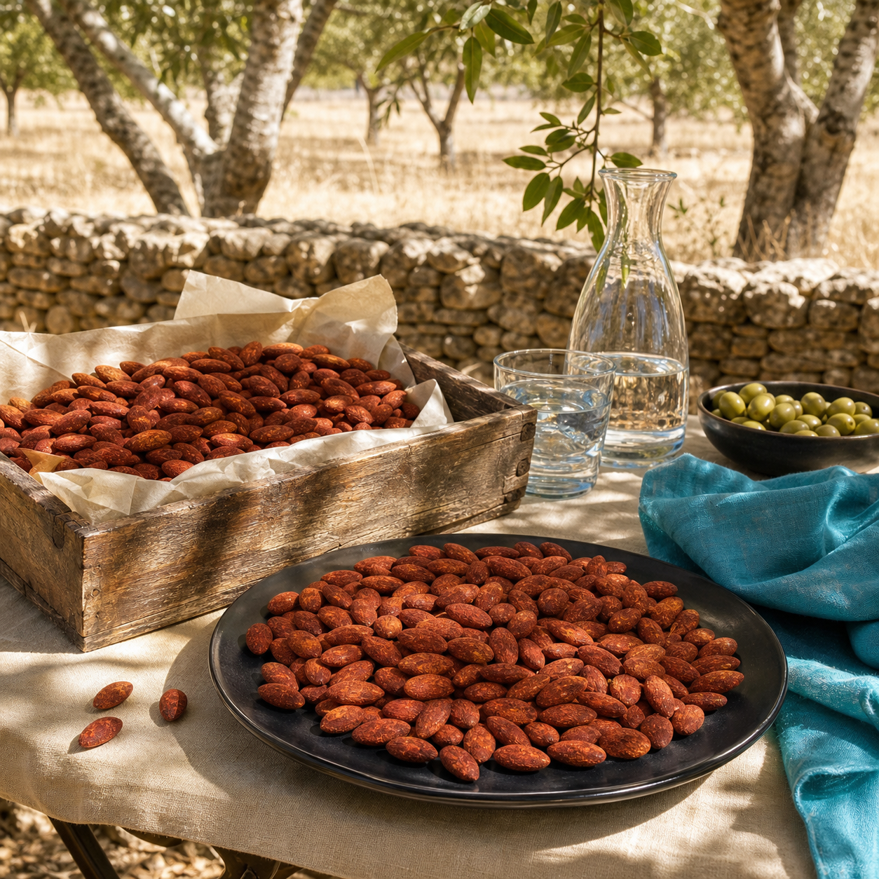 Amandes Piment présentées dans un coffret en bois et sur un plat au milieu des amandiers