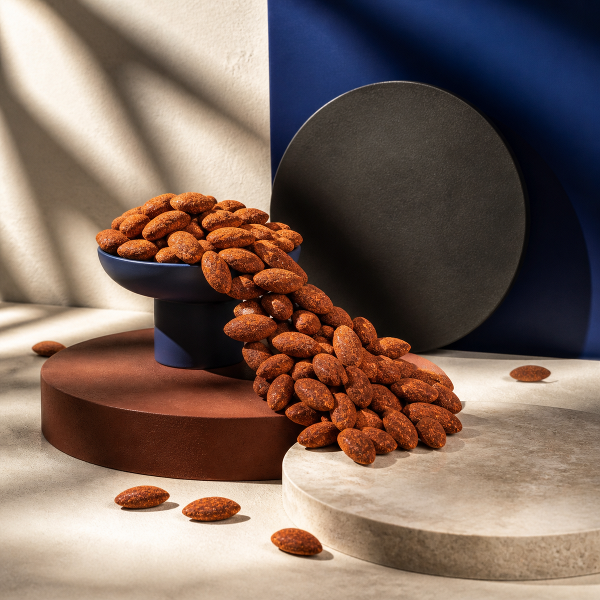 Amandes Piment débordant d’un bol sombre sur des socles minéraux bleu et terre cuite