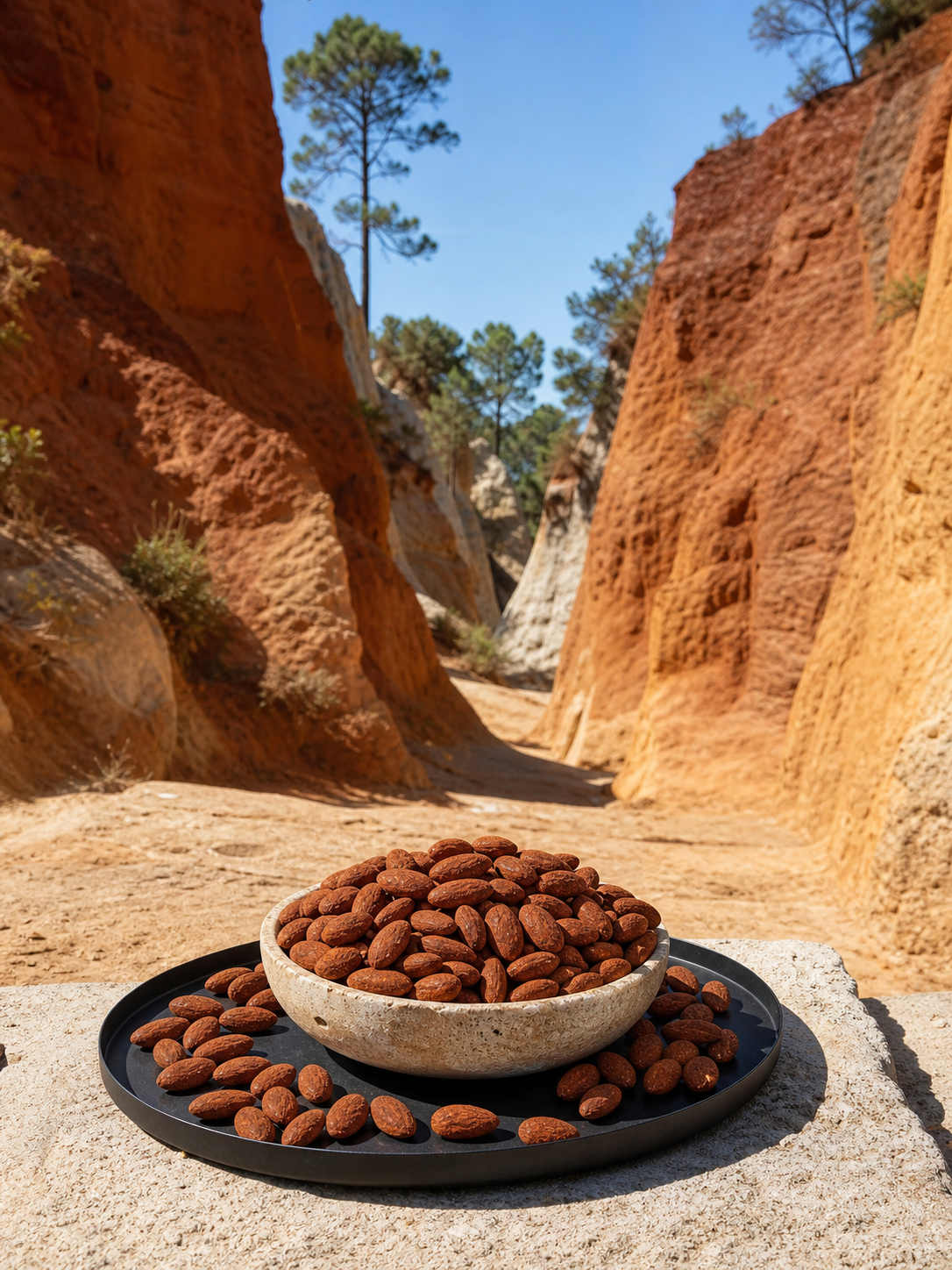 Bol d’Amandes Piment dans un canyon minéral aux ocres chauds