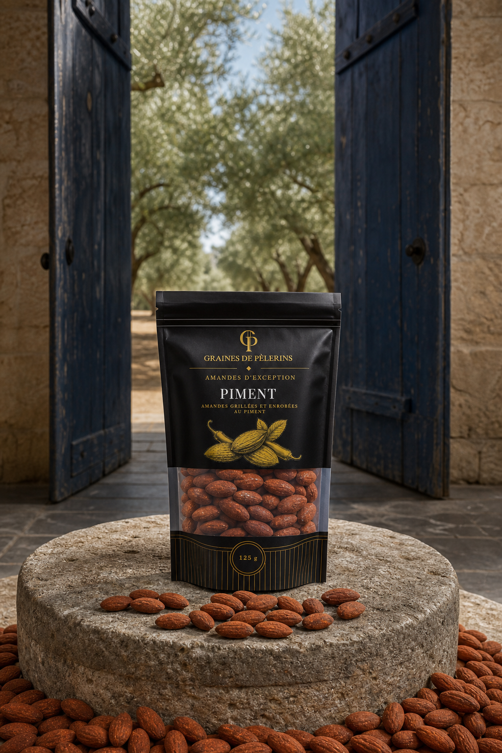 Sachet actuel d’Amandes d’Exception Piment entouré d’amandes au poudrage rouge brique