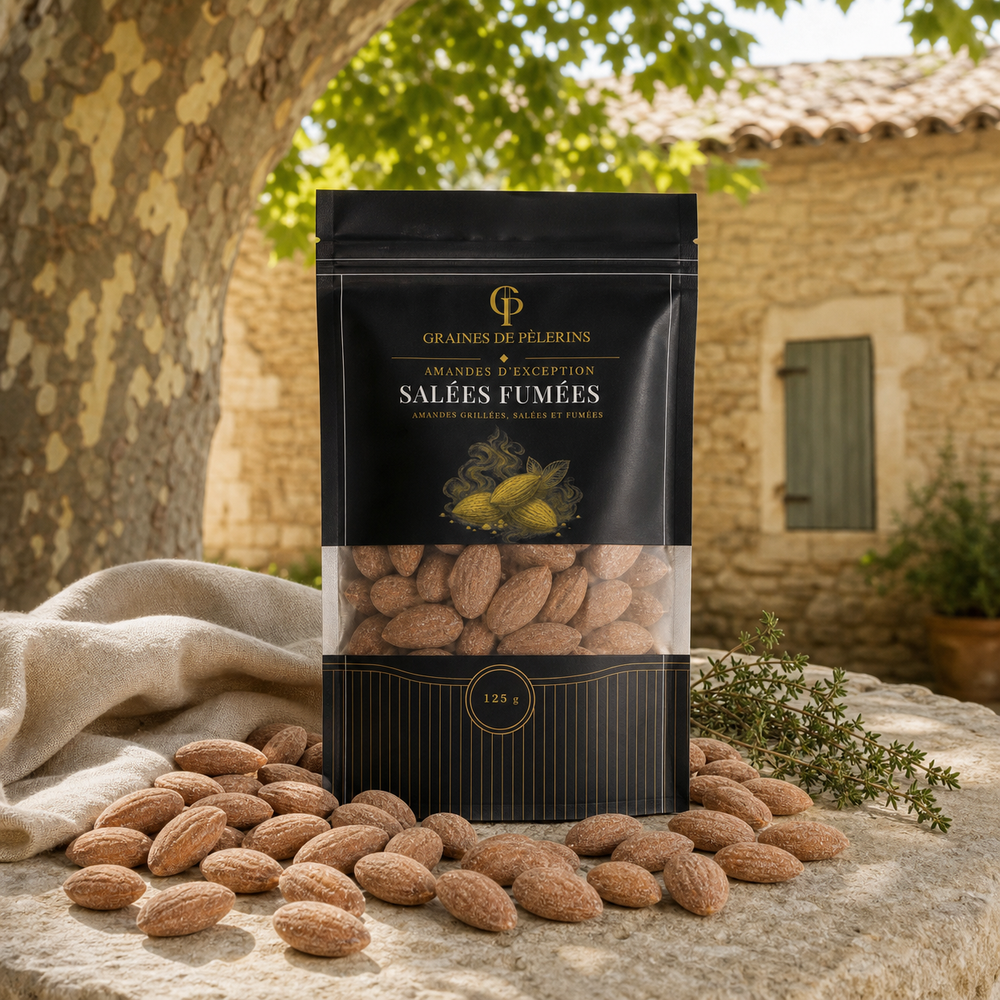 Sachet d’amandes Salées Fumées, emballage réel de la collection