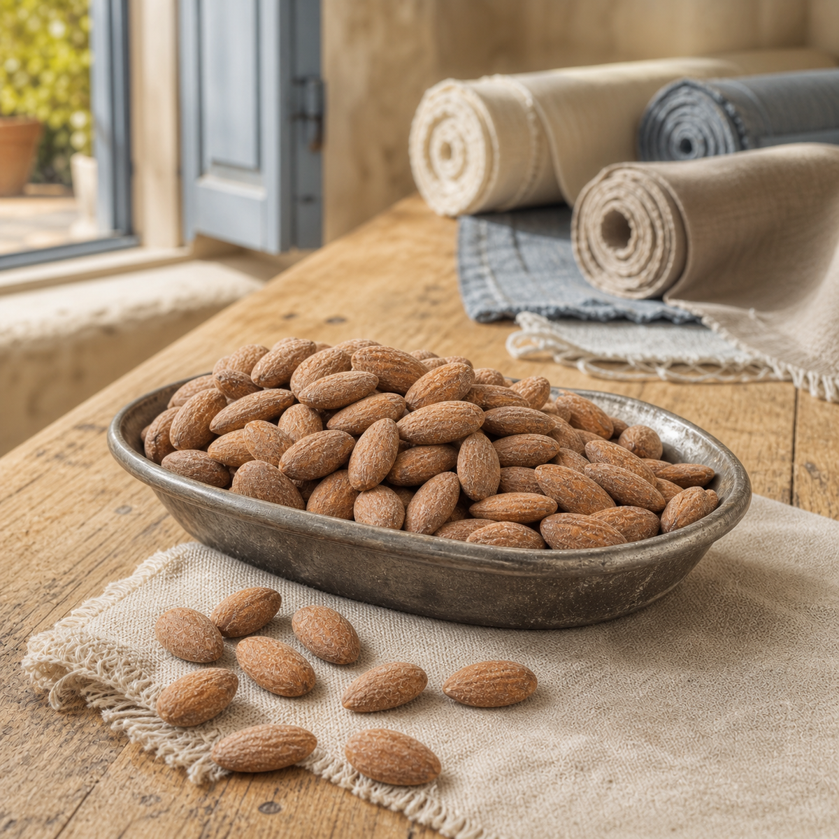 Amandes Salées Fumées servies dans un plat métallique au milieu de rouleaux de lin