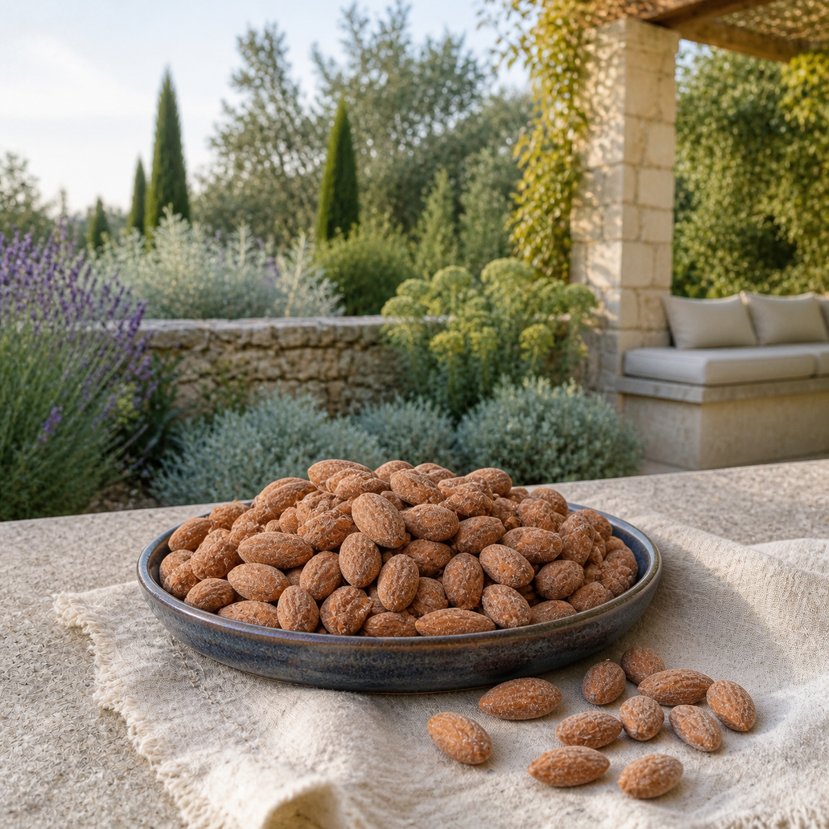 Amandes Salées Fumées servies dans un plat sombre au cœur d’un jardin aromatique