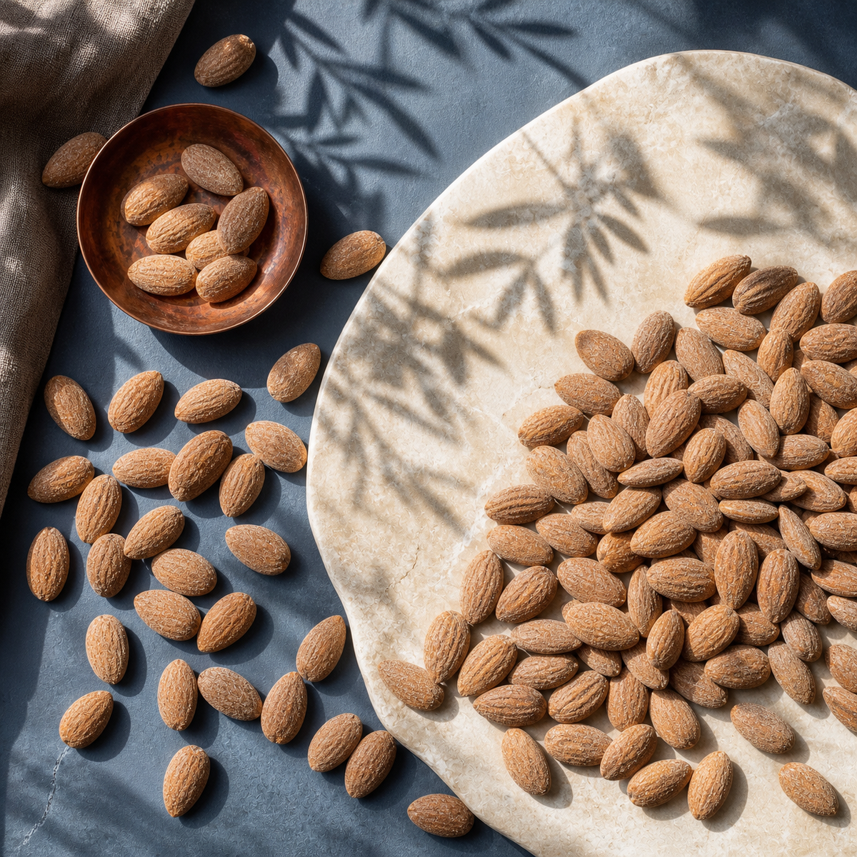 Amandes Salées Fumées disposées sur un plateau clair dans une nature morte bleu ardoise