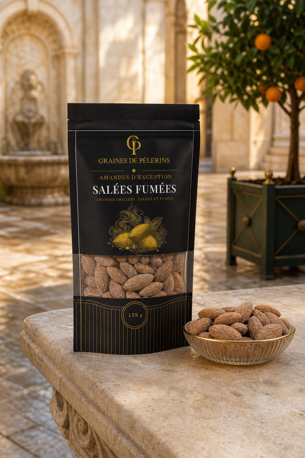 Sachet actuel d’Amandes d’Exception Salées Fumées entouré d’amandes brun taupe