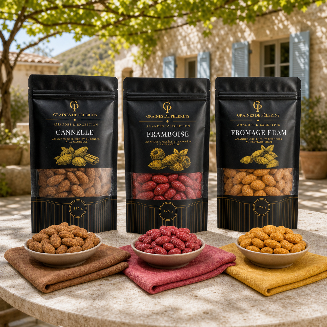 Sachets Cannelle, Framboise et Fromage Edam du Trio Découverte dans une cour de bastide