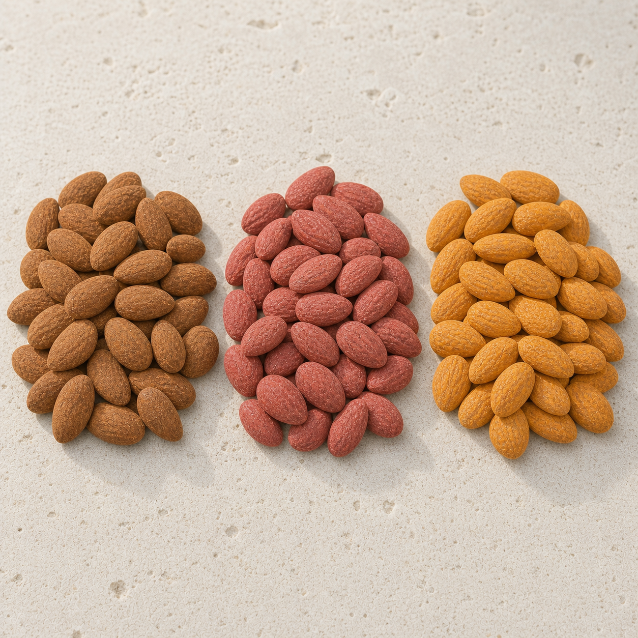 Trois piles distinctes d’Amandes Cannelle, Framboise et Fromage Edam sur pierre ivoire