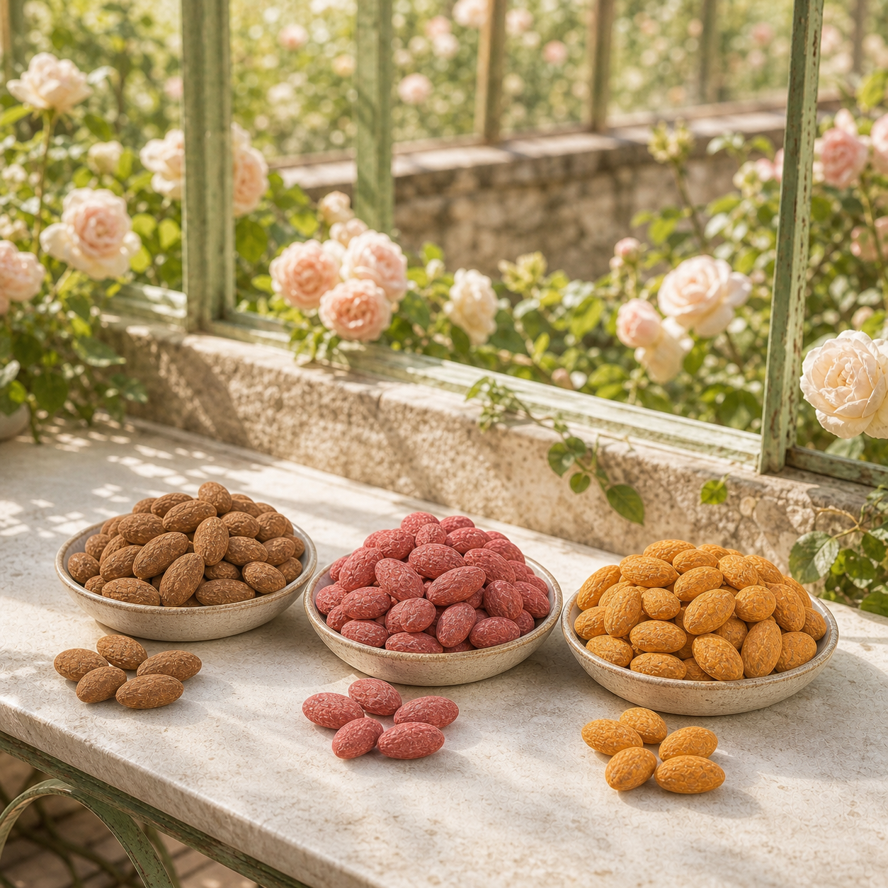 Cannelle, Framboise et Fromage Edam servis séparément dans trois bols au milieu d’une serre de roses