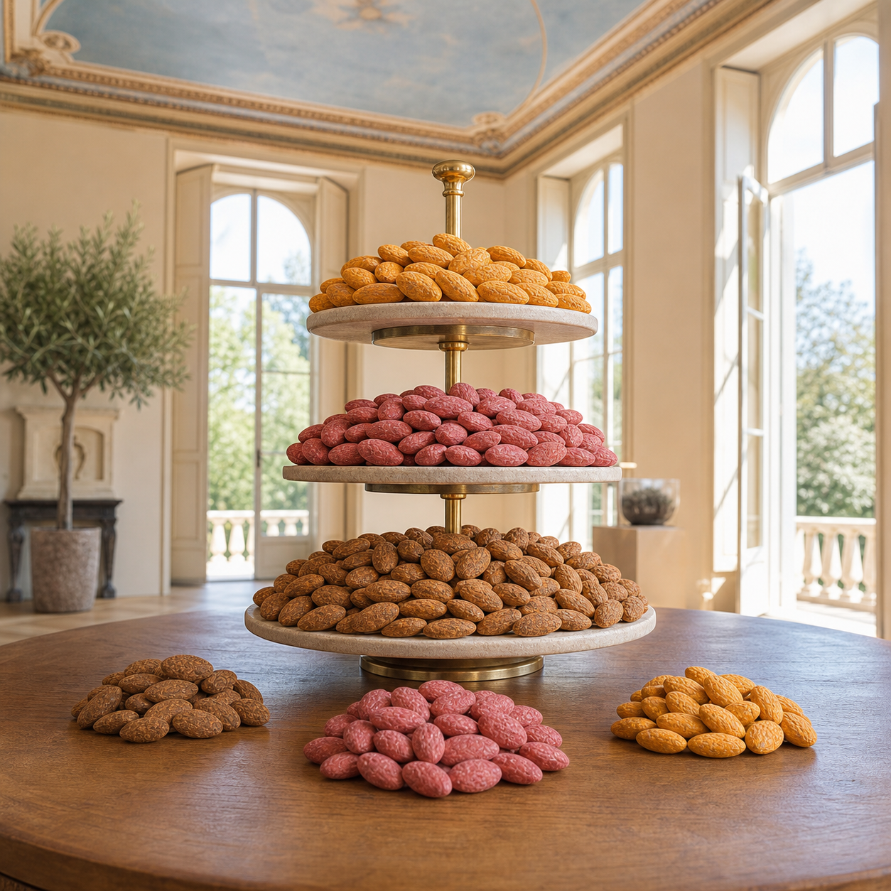 Three almond recipes presented separately in a soft light