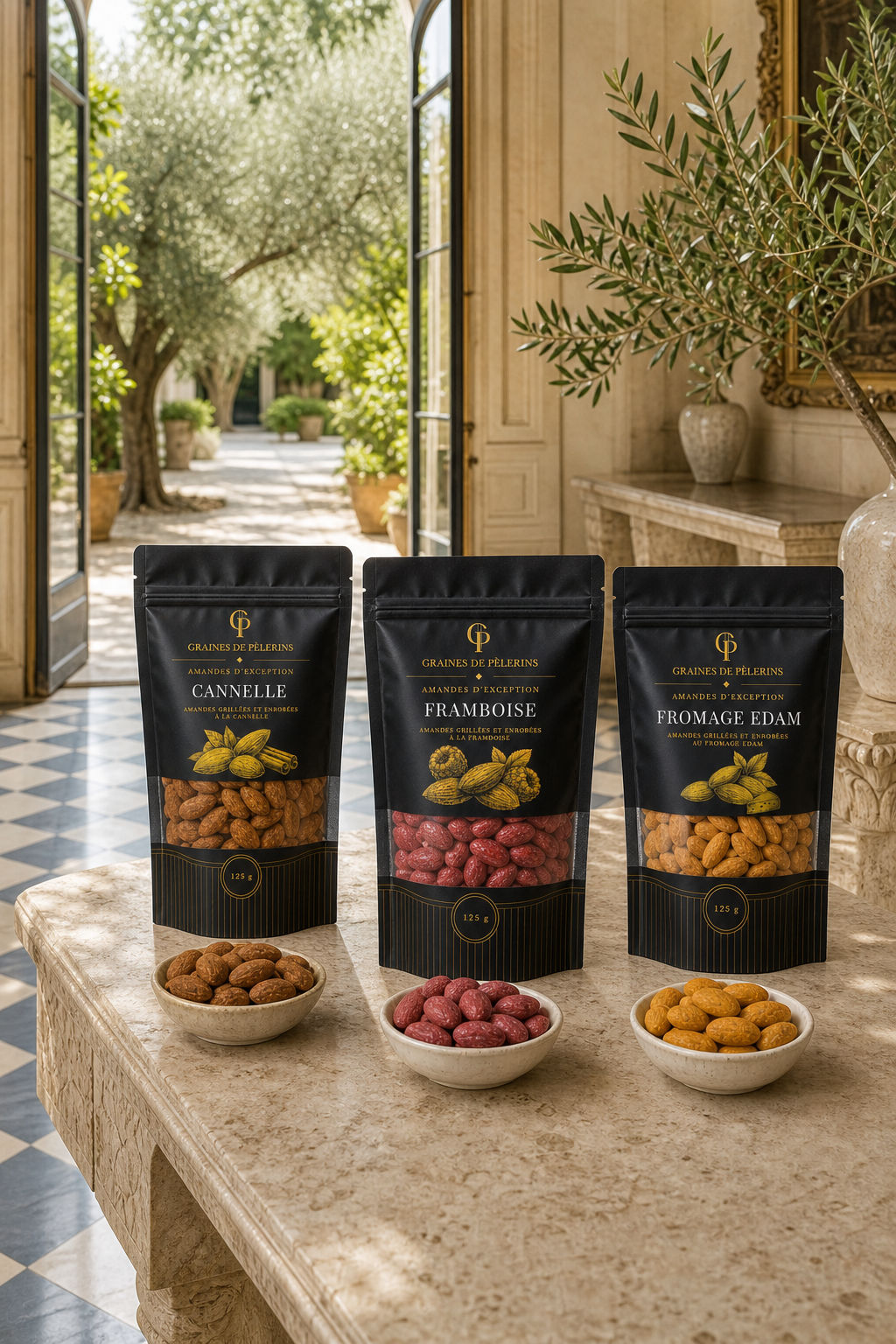 Sachets actuels Cannelle, Framboise et Fromage Edam présentés ensemble