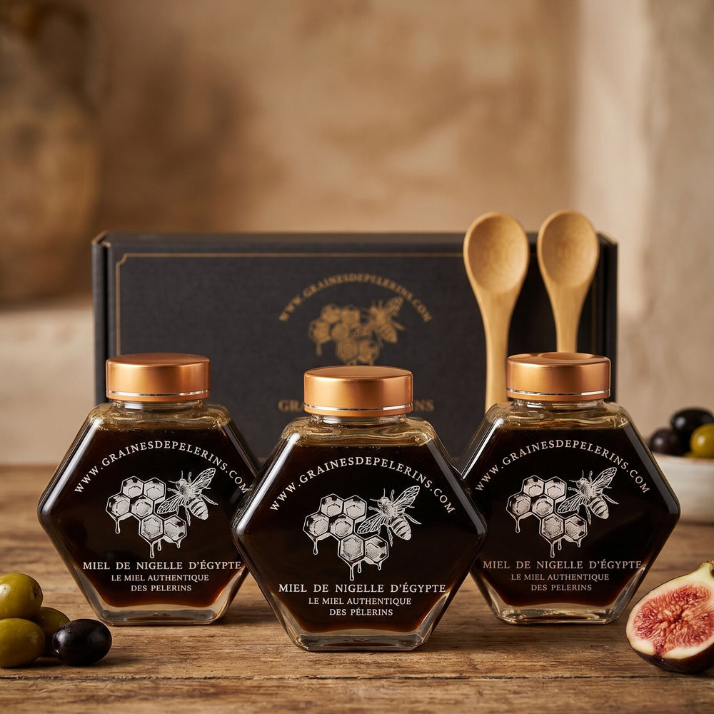 Trio Miel de Nigelle d'Égypte, 3×250g, écrin et cuillères bambou, été