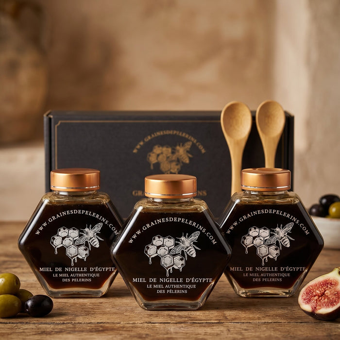 Trio Miel de Nigelle d'Égypte, 3×250g, écrin et cuillères bambou, été
