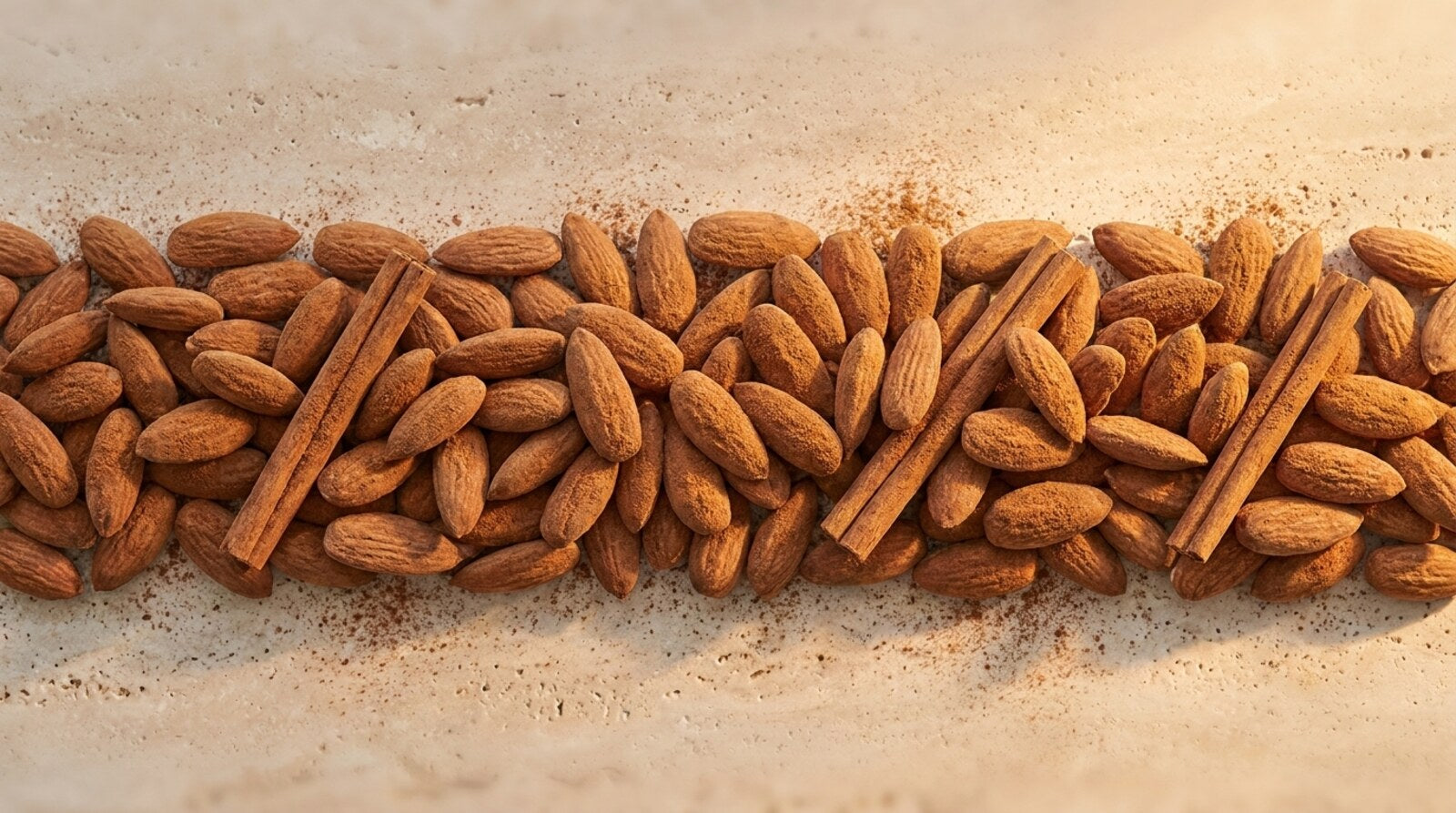 Amande Cannelle, bande texture amandes longues effilées et bâtons de cannelle sur pierre claire