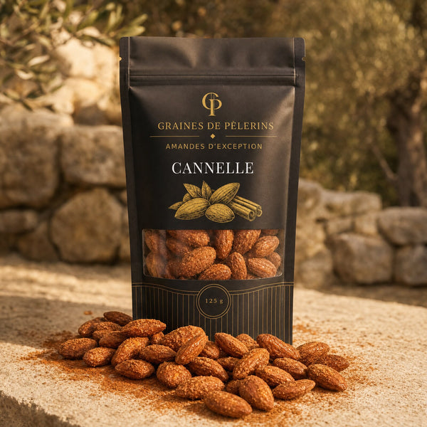 Amande Cannelle, sachet Graines de Pèlerins debout sur pierre travertin, amandes longues effilées et bâtons de cannelle au pied du sachet