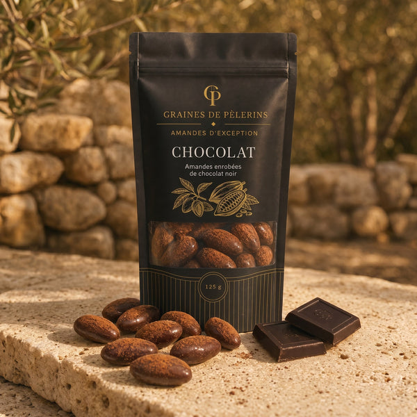 Amande Chocolat, sachet Graines de Pèlerins debout sur pierre travertin, cabosses de cacao et carrés de chocolat