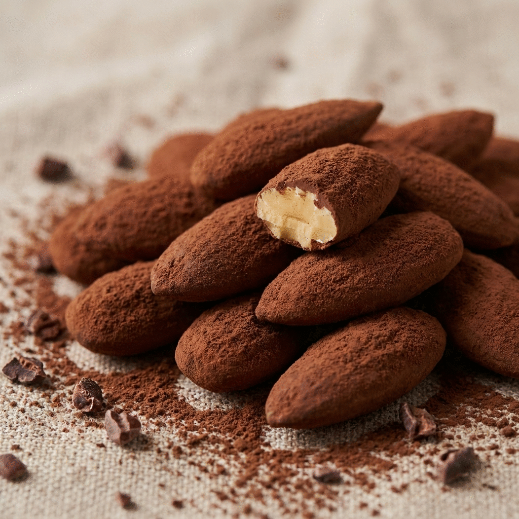 Amandes d'Exception Graines de Pèlerins, macro chocolat noir, texture