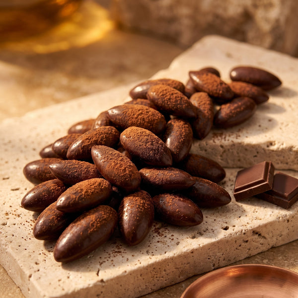 Amande Chocolat, macro amandes longues effilées et cacao mat, éclats de fève sur pierre claire, sans emballage