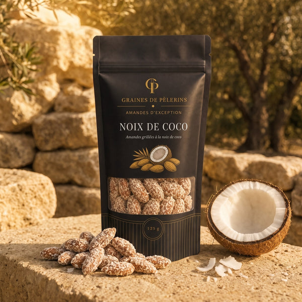 Amande Noix de Coco, sachet Graines de Pèlerins debout sur pierre travertin, flocons de coco mats et demi-noix de coco