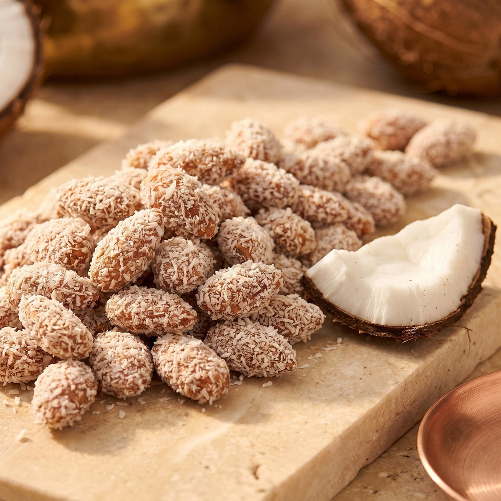 Amande Noix de Coco, macro amandes longues effilées et copeaux de coco mats sur pierre claire, sans emballage