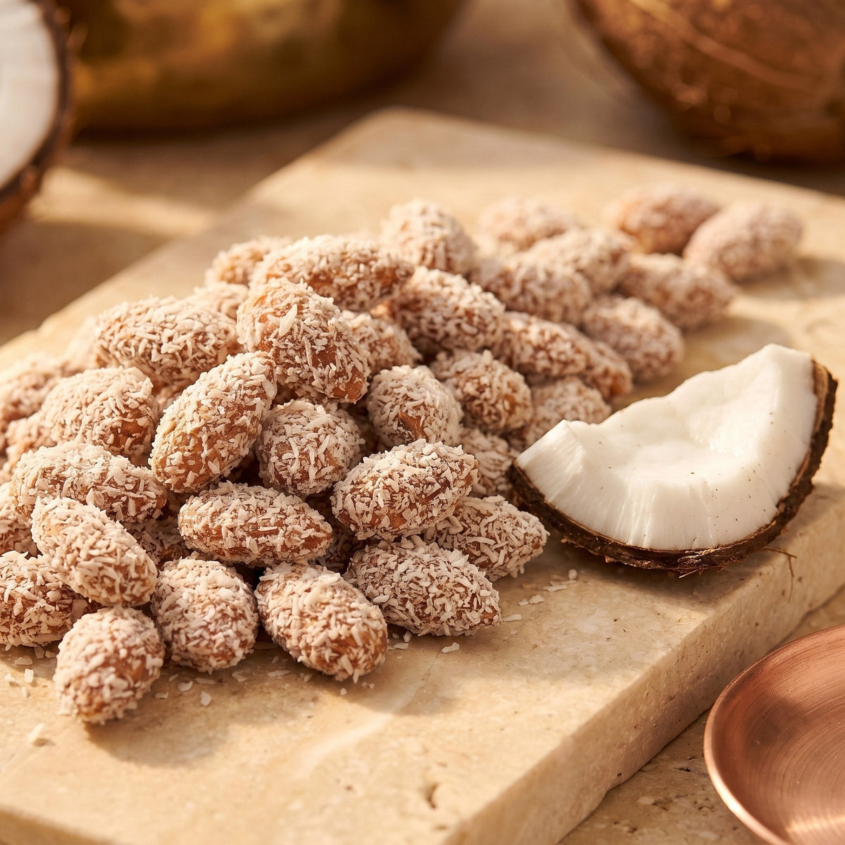 Amandes Noix de Coco couvertes de fins copeaux, présentées avec une noix de coco ouverte