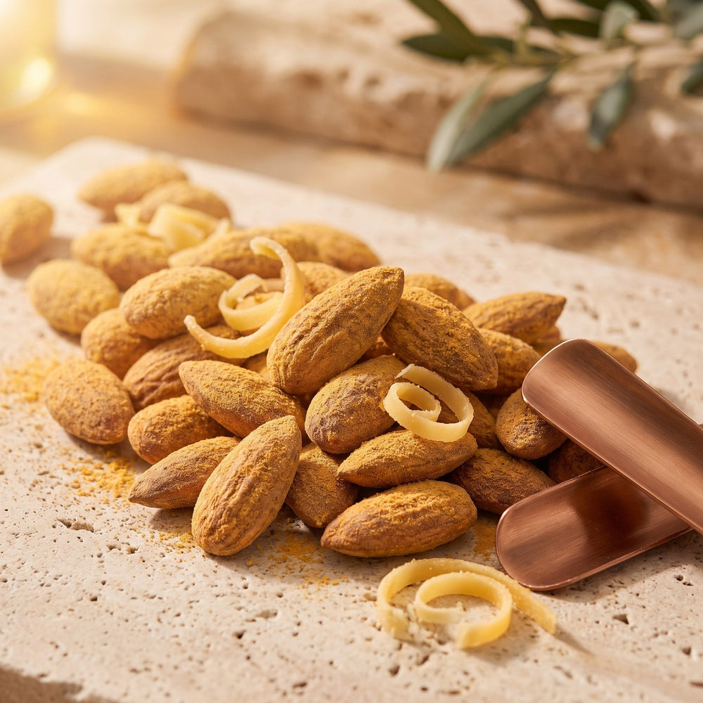 Amande Fromage Edam, macro amandes longues effilées et poudre de fromage mate sur pierre claire, sans emballage