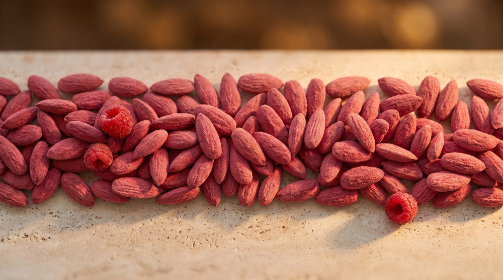Amande Framboise, bande texture amandes longues effilées et framboises fraîches sur pierre claire