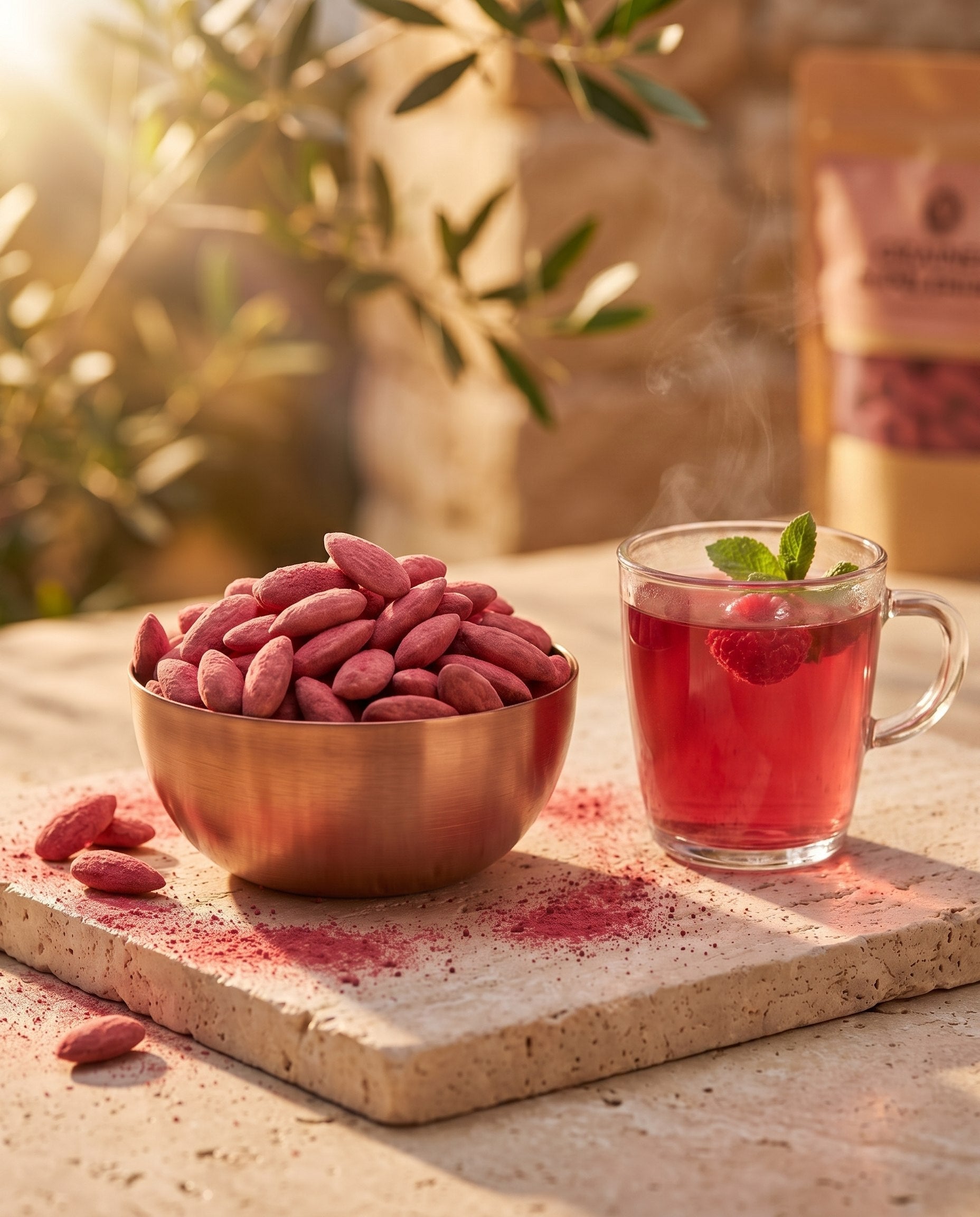 Amande Framboise, moment infusion chaude à la framboise et à la menthe, bol de cuivre rempli d'amandes sur pierre claire