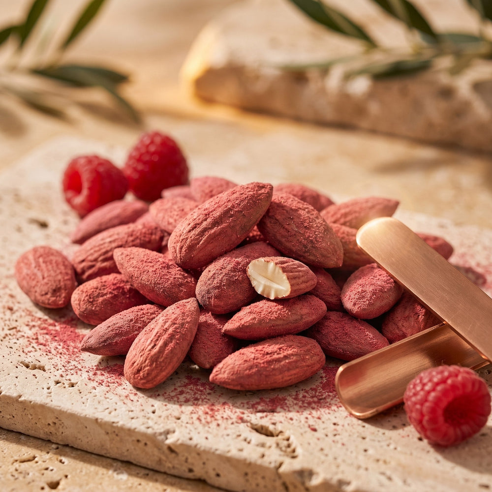 Amande Framboise, macro amandes longues effilées et poudre de framboise mate sur pierre claire, sans emballage