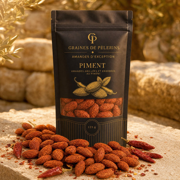 Amande Piment, sachet Graines de Pèlerins debout sur pierre travertin, poudre de piment mate et piments frais