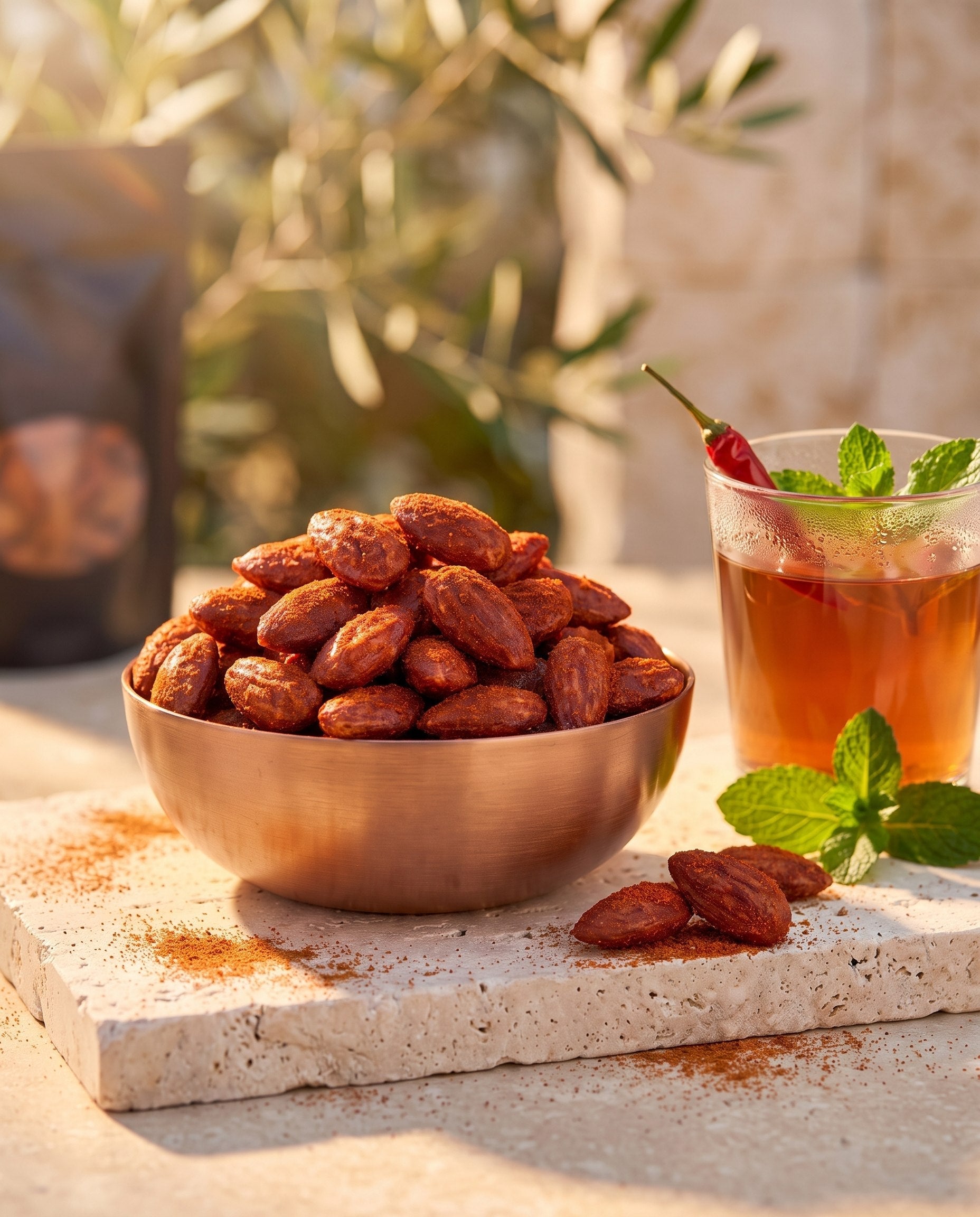 Amande Piment, moment infusion chaude ambrée, bol de cuivre rempli d'amandes au piment sur pierre claire