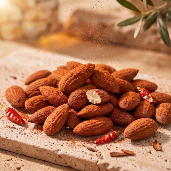 Amande Piment, macro amandes longues effilées et poudre de piment mate sur pierre claire, sans emballage