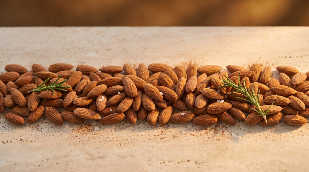 Amande Salées Fumées, bande texture amandes longues effilées, gros sel et romarin sur pierre claire
