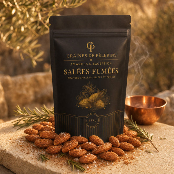 Amande Salées Fumées, sachet Graines de Pèlerins debout sur pierre travertin, cristaux de sel et romarin
