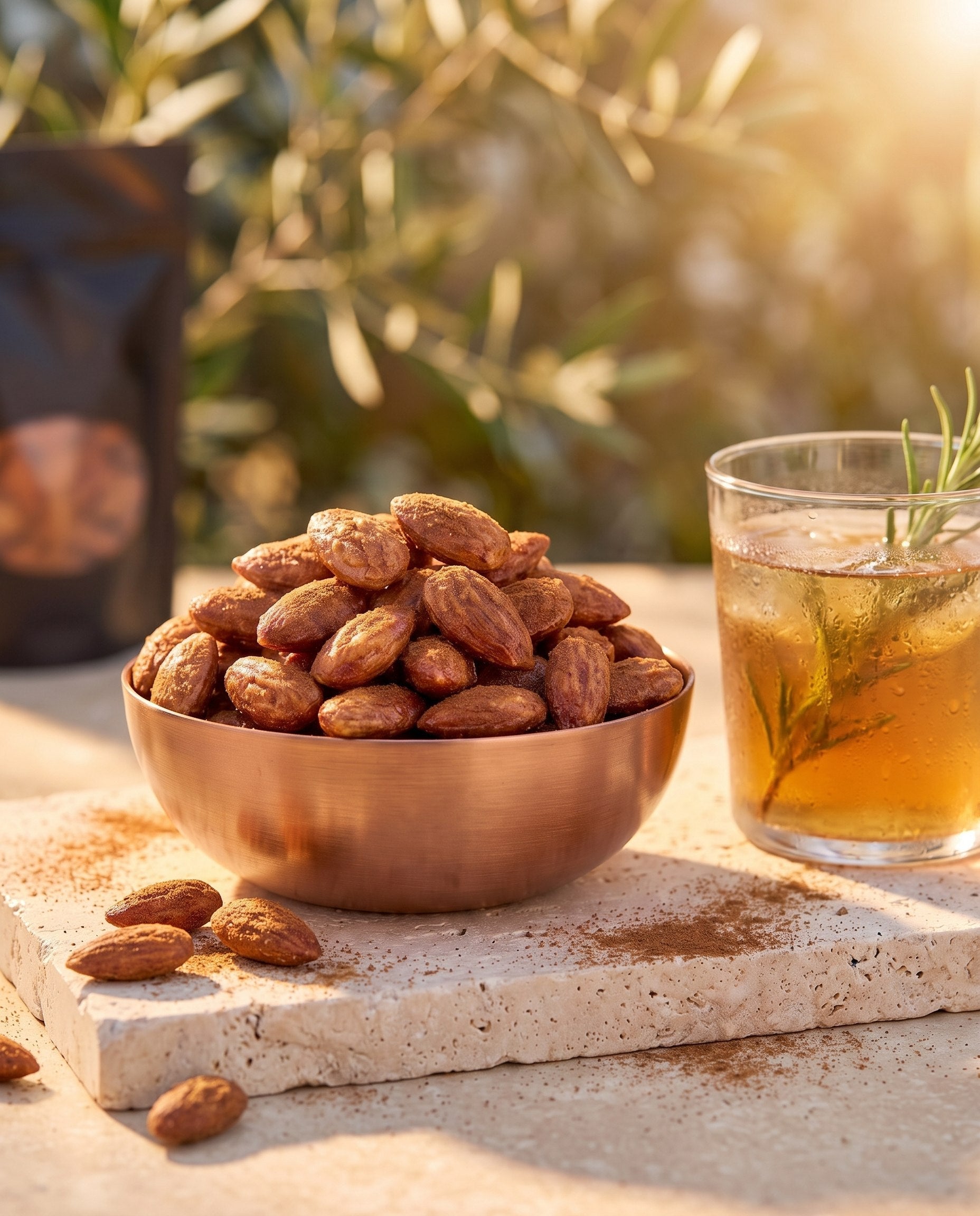 Amande Salées Fumées, moment infusion glacée au romarin, bol de cuivre rempli d'amandes fumées sur pierre claire