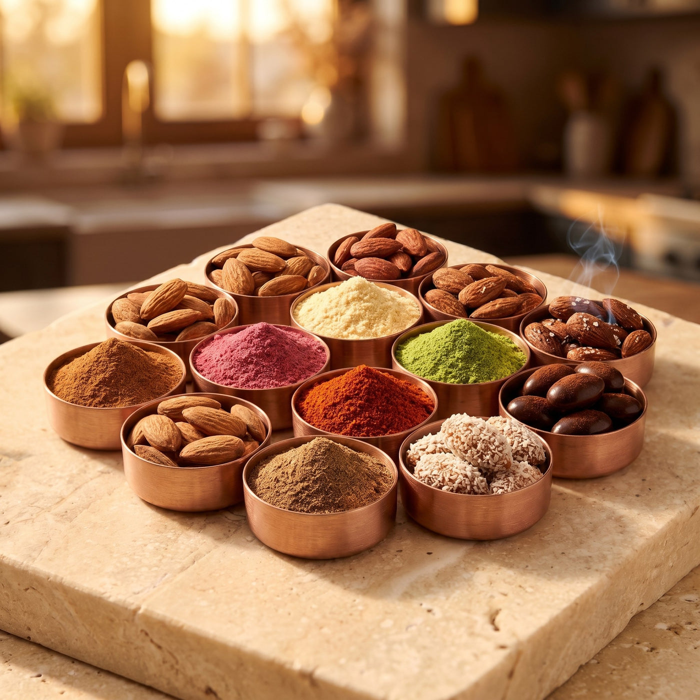 Amandes et ingrédients de la collection présentés pour une dégustation provençale