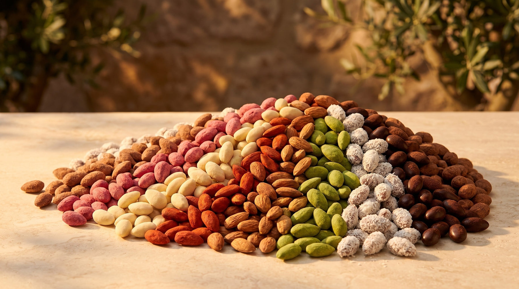 Mont d'abondance des huit saveurs d'Amandes d'Exception Graines de Pèlerins, sans sachet, sur pierre travertin
