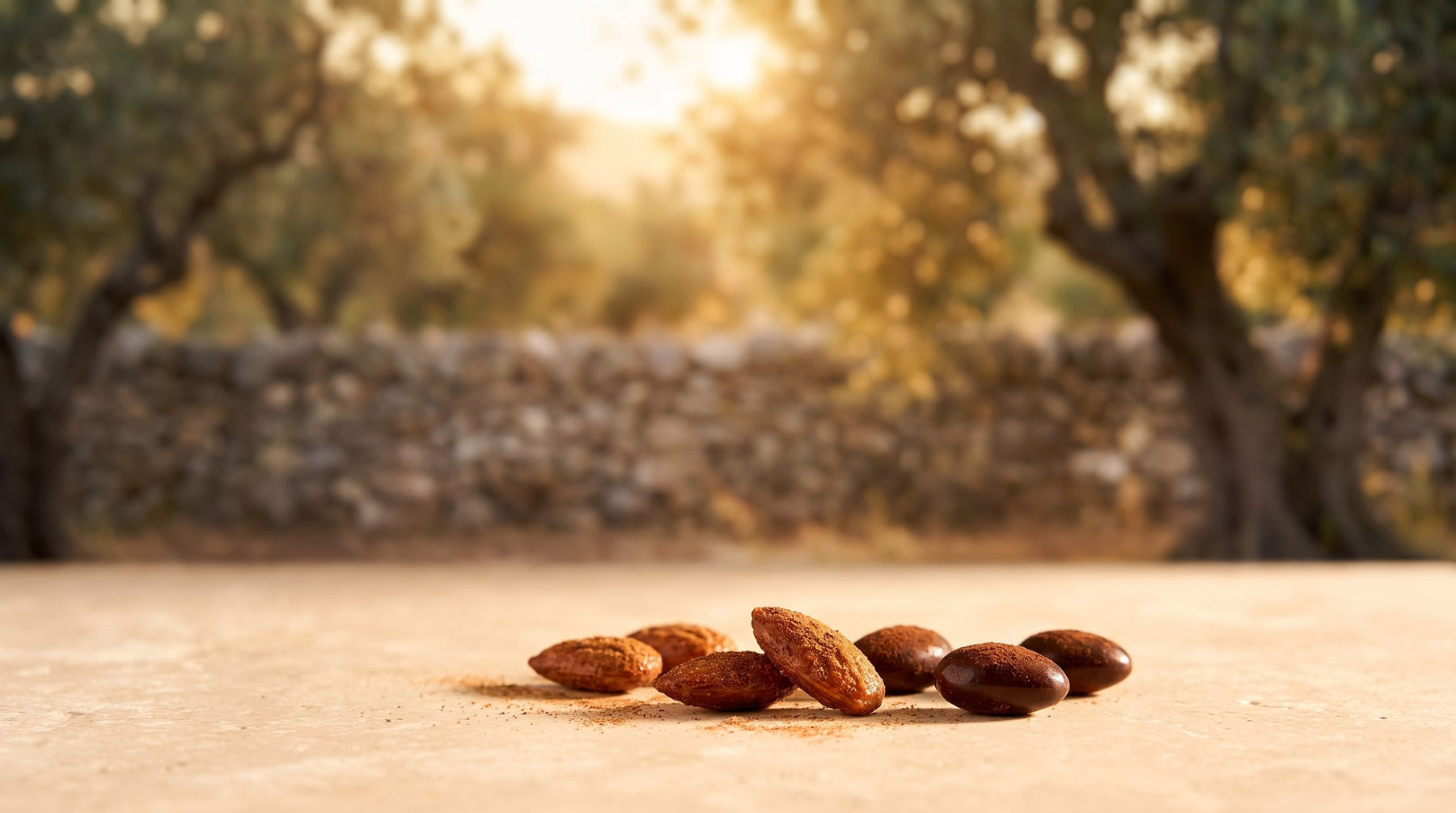 L'instant gourmand de la Maison, amandes d'exception Graines de Pèlerins sur pierre travertin, lumière rasante