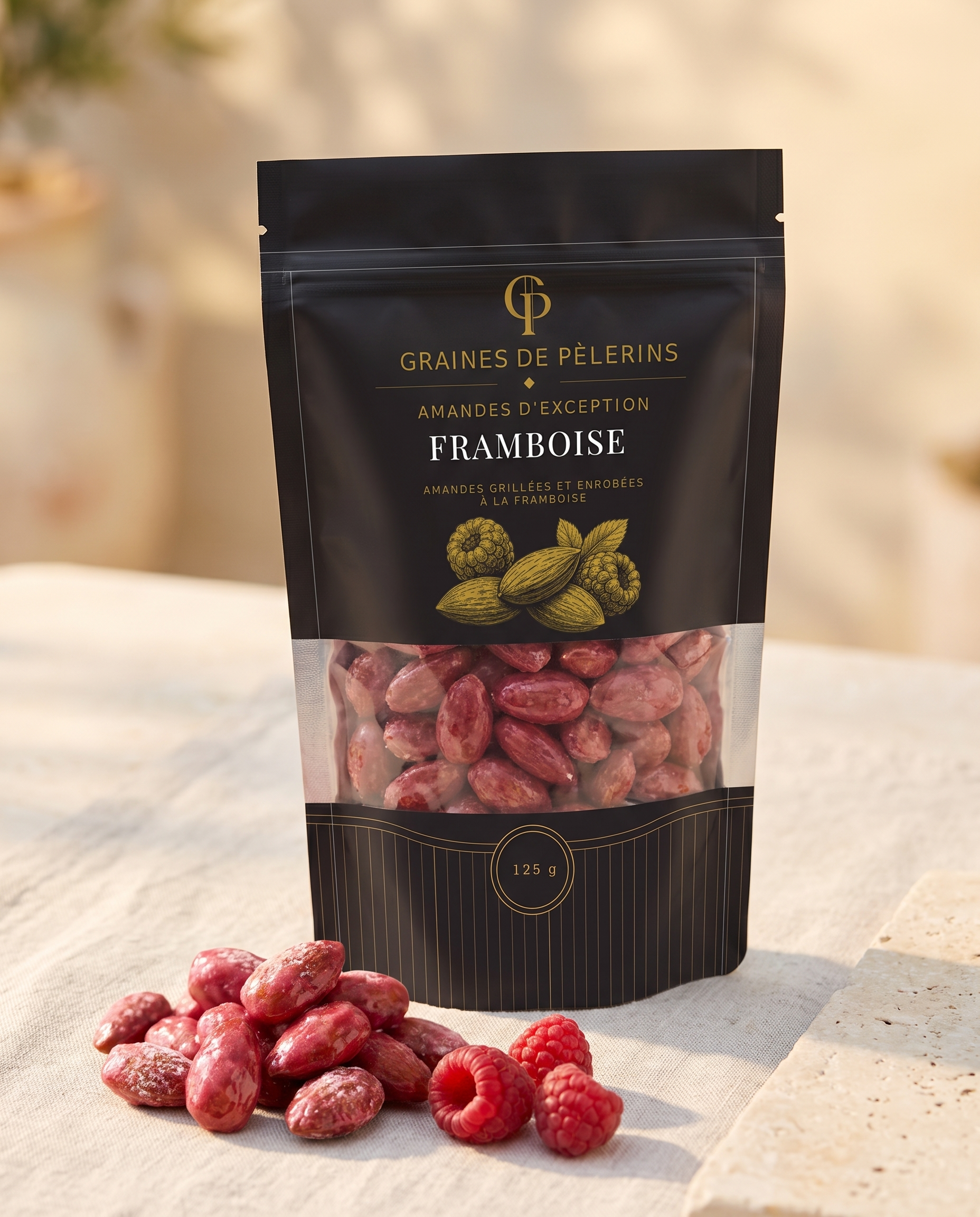 Sachet actuel d’Amandes Framboise et amandes roses visibles