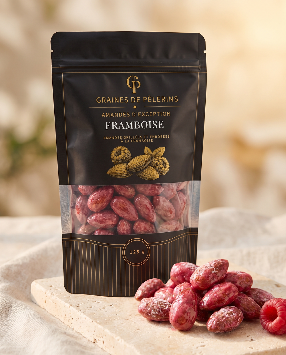 Amande d'Exception Framboise, sachet 125 g, Graines de Pèlerins