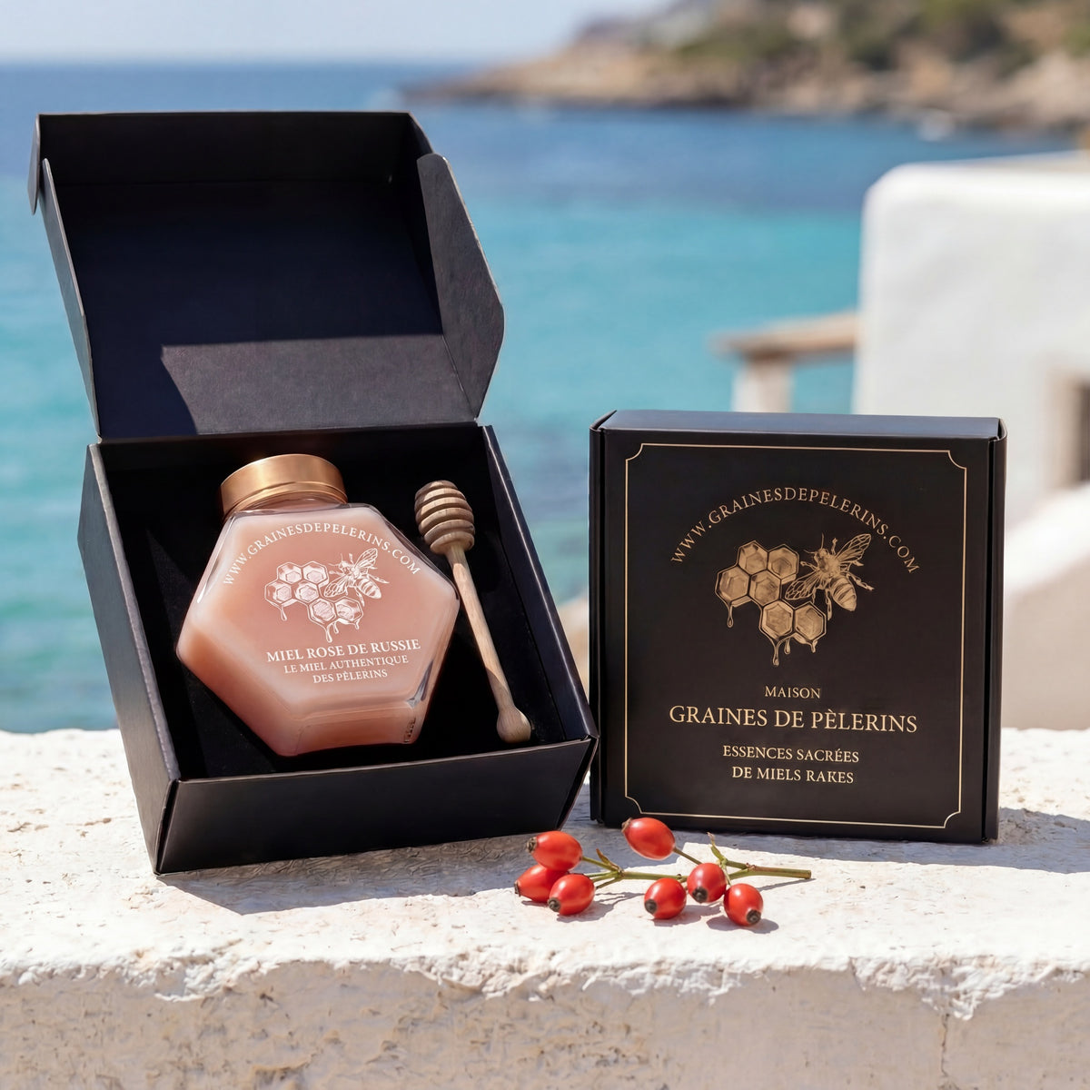 Écrin ouvert de l’Aromiel Rose inclus dans le Coffret Découverte