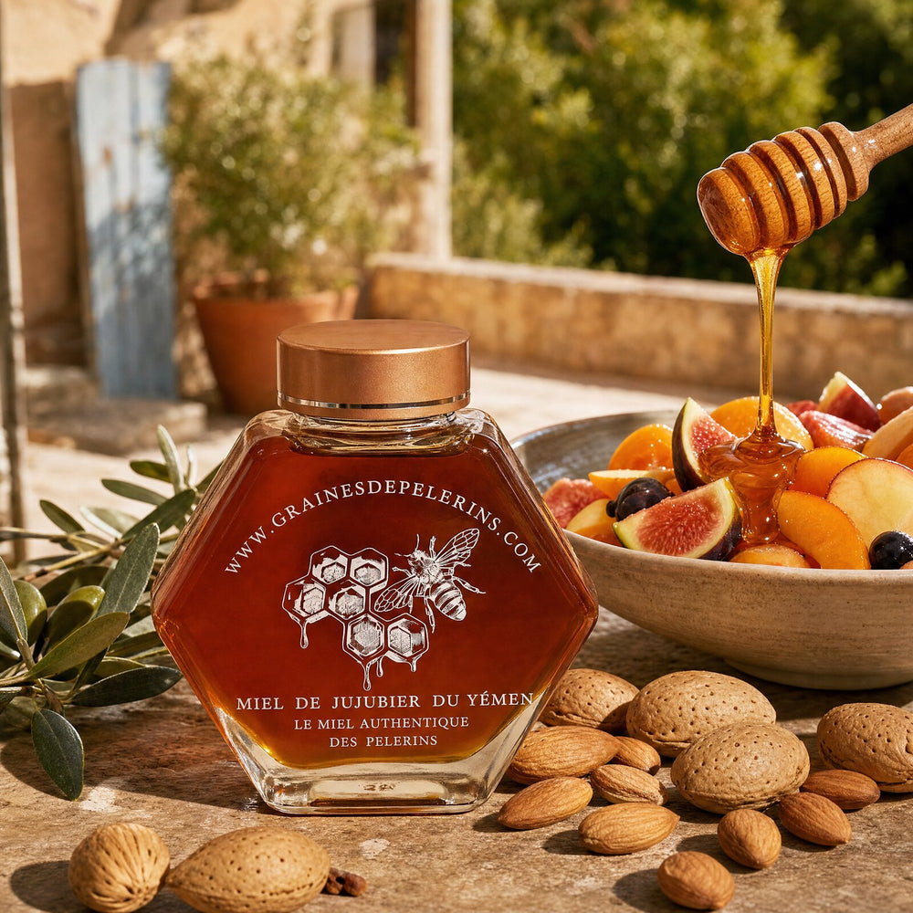 Miel de Jujubier du Yémen, dégustation sur salade de fruits et amandes