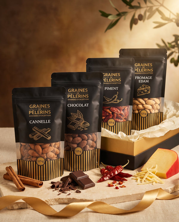 Coffret Amandes d'Exception 4 Saveurs - Cannelle, Chocolat, Piment, Fromage Edam - Graines de Pèlerins